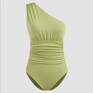 Asymmetrical neck solid ruched lime green bodysuit